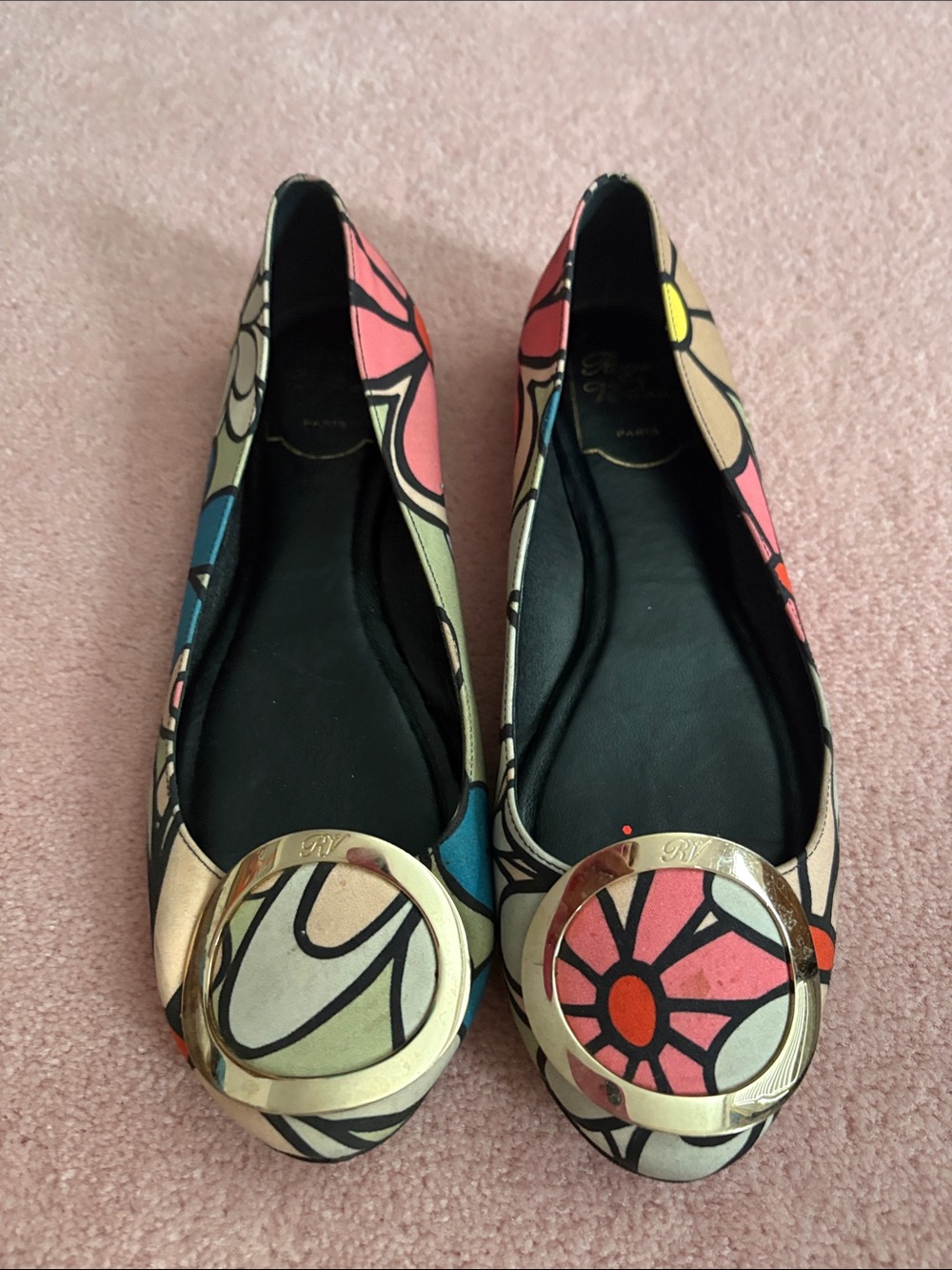 Roger Vivier Multicolor Floral Canvas Ballet Flats with Buckle